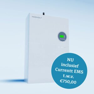 White Neovolt boiler with a round blue price badge overlapping the lower right side reading 'NU inclusief Current EMS t.w.v. €750,00'