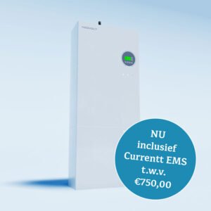 Tall white NEOVOLT cabinet against a pale blue background with a large circular blue promo badge showing a price (€750).