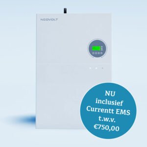 White Neovolt boiler with a circular display on the right and a large blue promo badge in the bottom-right corner reading 'NU inclusief Current EMS t.w.v. €750,00'.