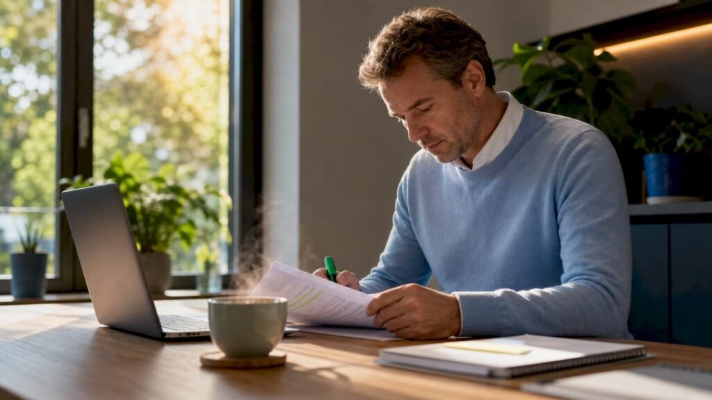 Een woningeigenaar die de papieren voor een energiesubsidie aandachtig doorneemt.