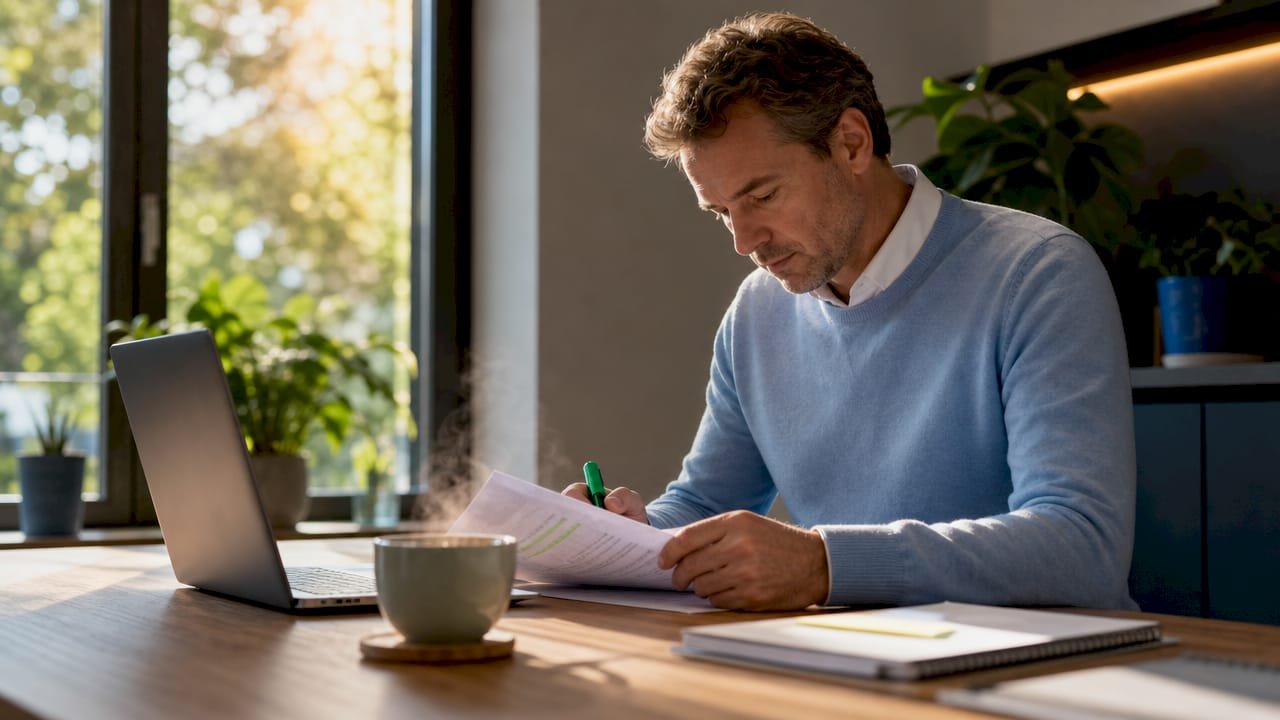 Een woningeigenaar die de papieren voor een energiesubsidie aandachtig doorneemt.