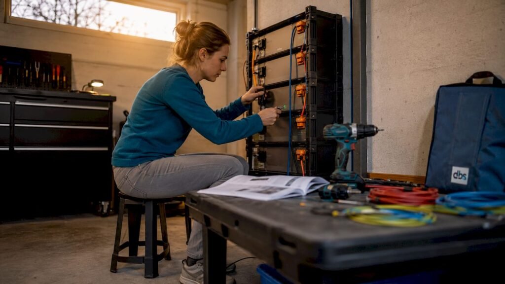 Thuis plaatst iemand een batterij in de kelder om energie op te slaan.