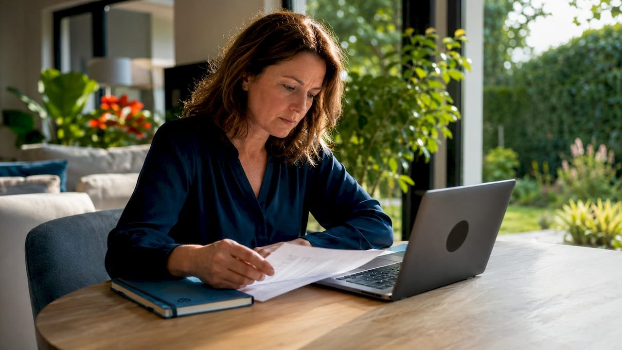 Een vrouw controleert haar energierekening op haar laptop aan de keukentafel.
