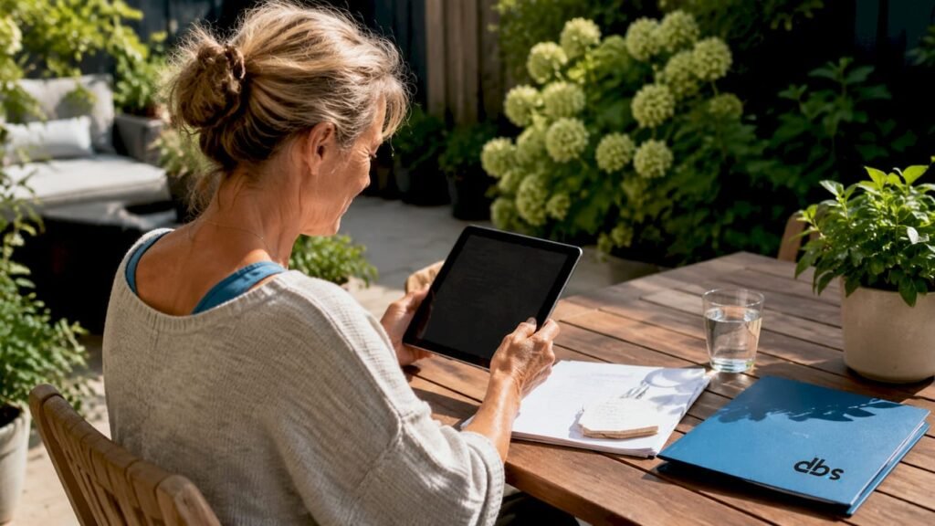 Vrouw vergelijkt zonnestroomtarieven op haar tablet