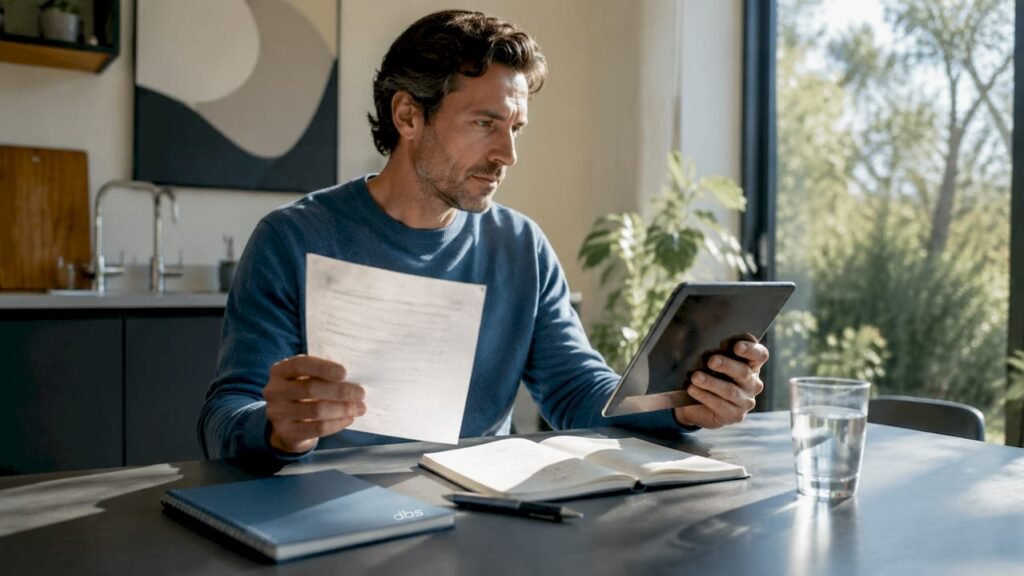 Een man zit aan de keukentafel en bestudeert zijn energierekening.