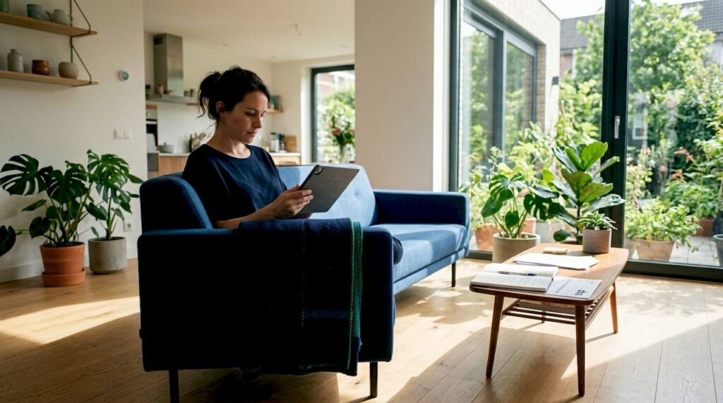 Een vrouw zit aan de keukentafel en bekijkt haar energieverbruik op de tablet.