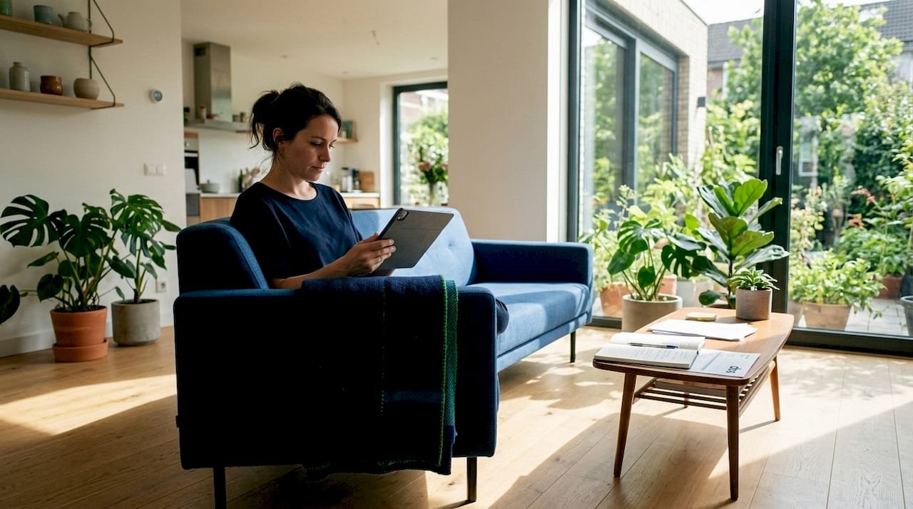 Een vrouw zit aan de keukentafel en bekijkt haar energieverbruik op de tablet.