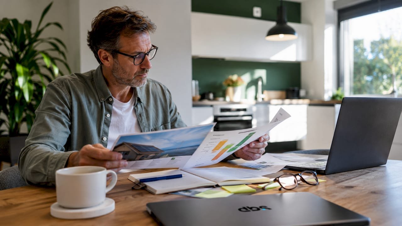 Een man verdiept zich in documenten over duurzame energie voor zijn woning.