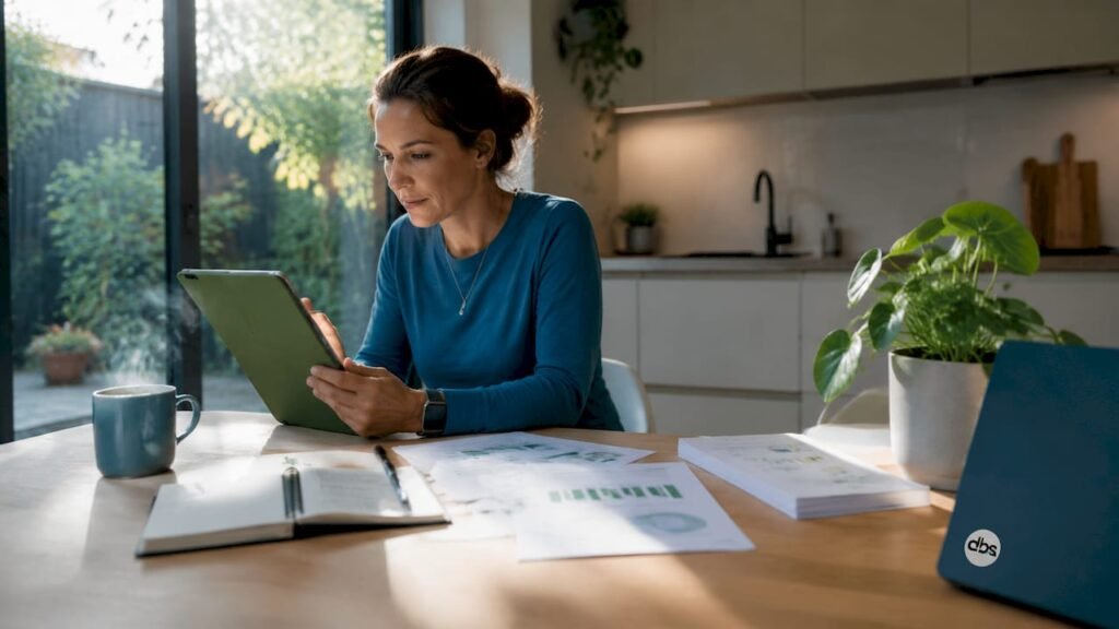 Vrouw bekijkt hoe ze haar energieverbruik thuis kan verbeteren via een tablet