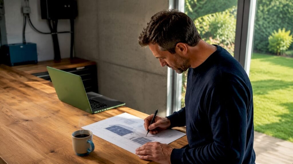 Een man bekijkt thuis de plannen voor het installeren van zonnepanelen.