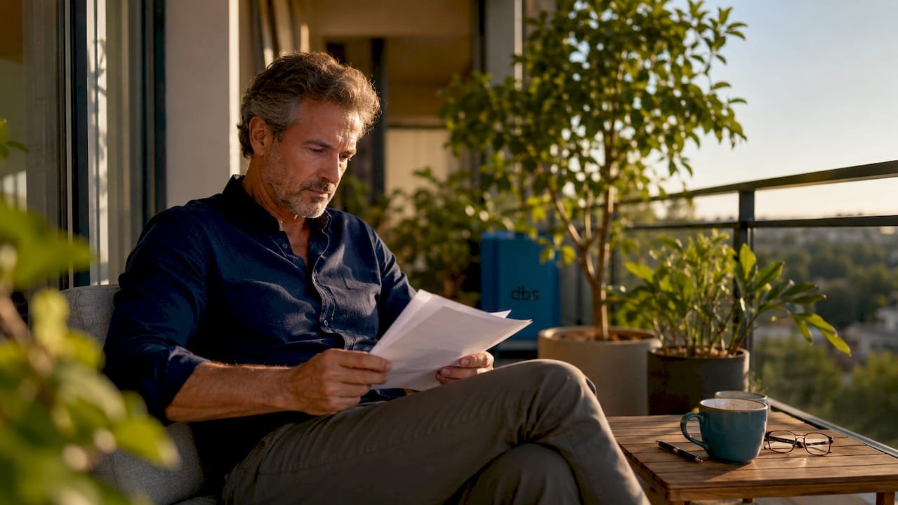 Een woningeigenaar zit aan de keukentafel zijn energierekening aandachtig door te nemen.