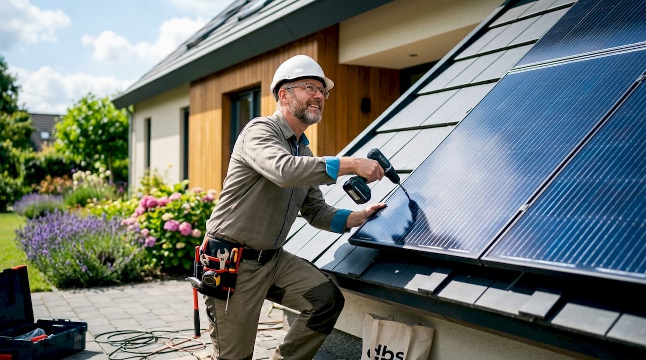 Een man is bezig met het plaatsen van zonnepanelen op het dak van zijn huis.