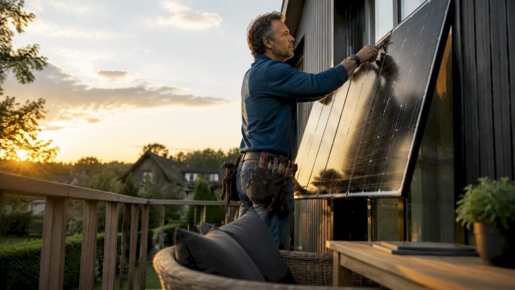 Een man is bezig met het plaatsen van zonnepanelen op het dak.