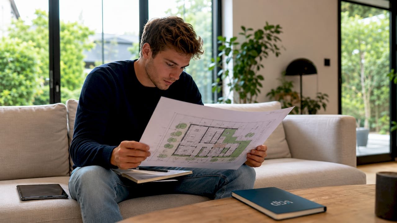 Een man verdiept zich in het ontwerp van een energiezuinige woning.