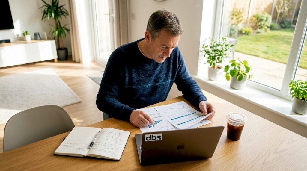 Een man zit aan de keukentafel en bestudeert zijn energierekening.