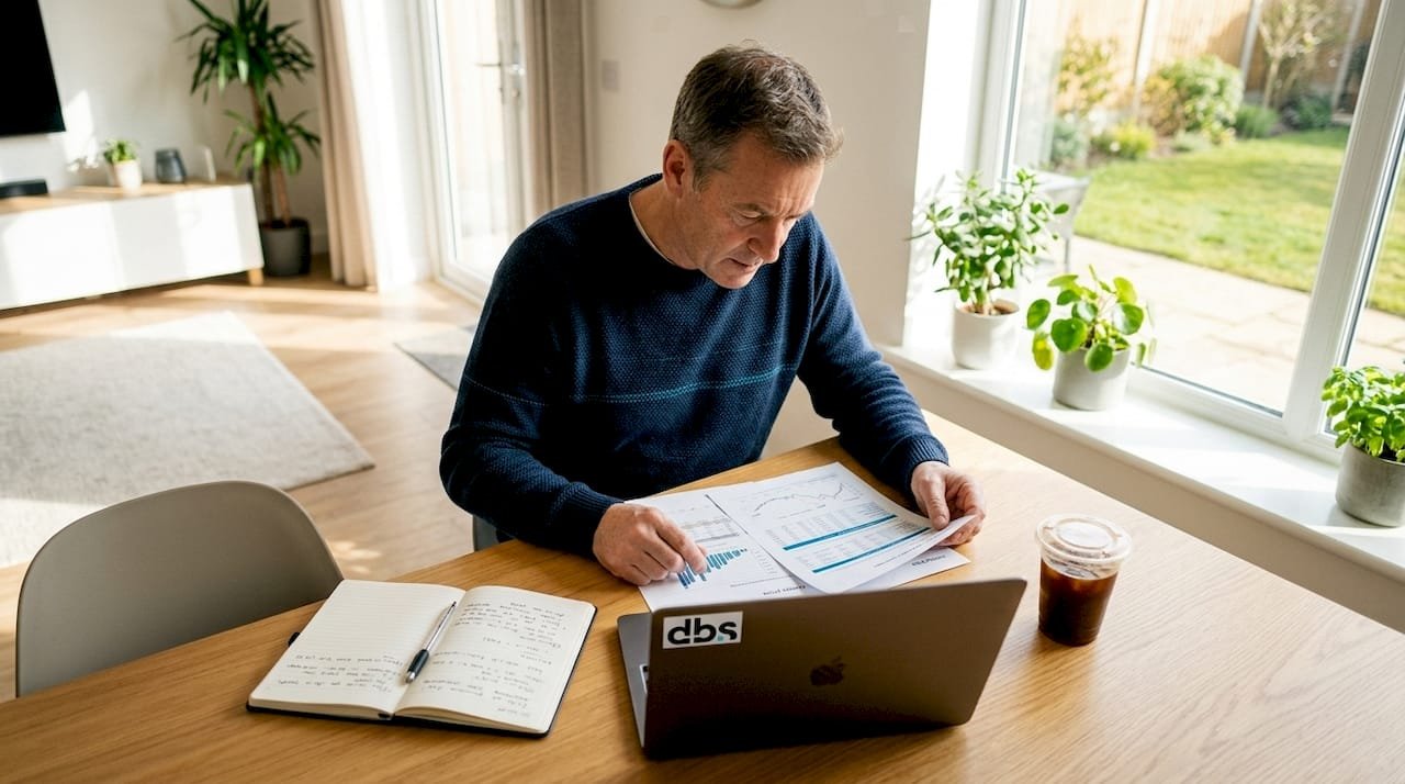 Een man zit aan de keukentafel en bestudeert zijn energierekening.
