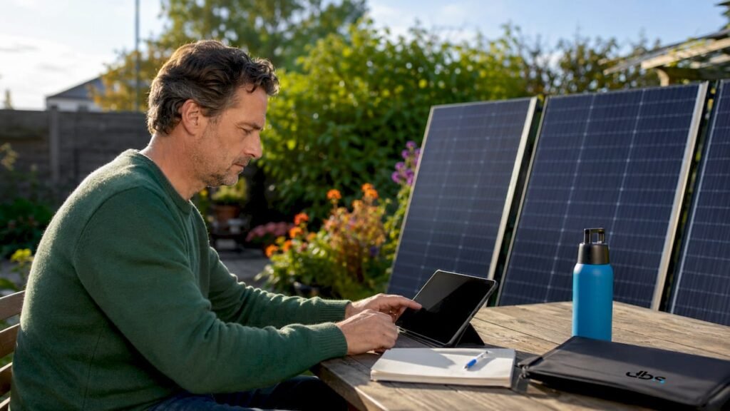 Een man stelt thuis het energiemanagementsysteem in