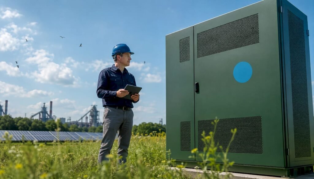 Een ingenieur controleert een grote batterijopslaginstallatie.