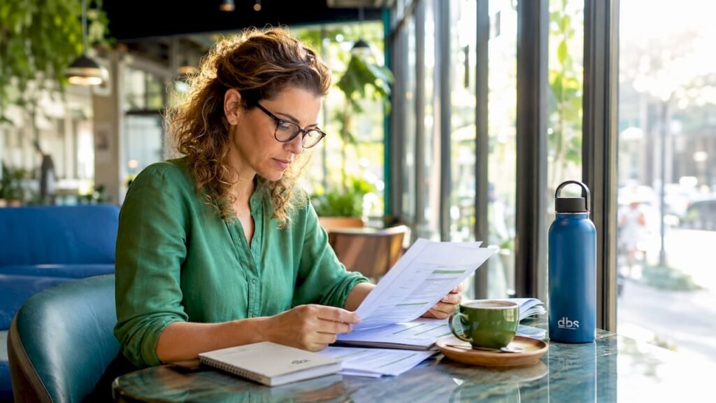 Een duurzaamheidsadviseur beoordeelt energiebesparende maatregelen achter zijn bureau.