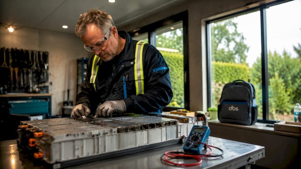 Een monteur controleert een thuisaccu in de werkplaats.