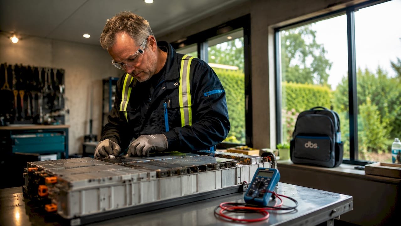 Een monteur controleert een thuisaccu in de werkplaats.