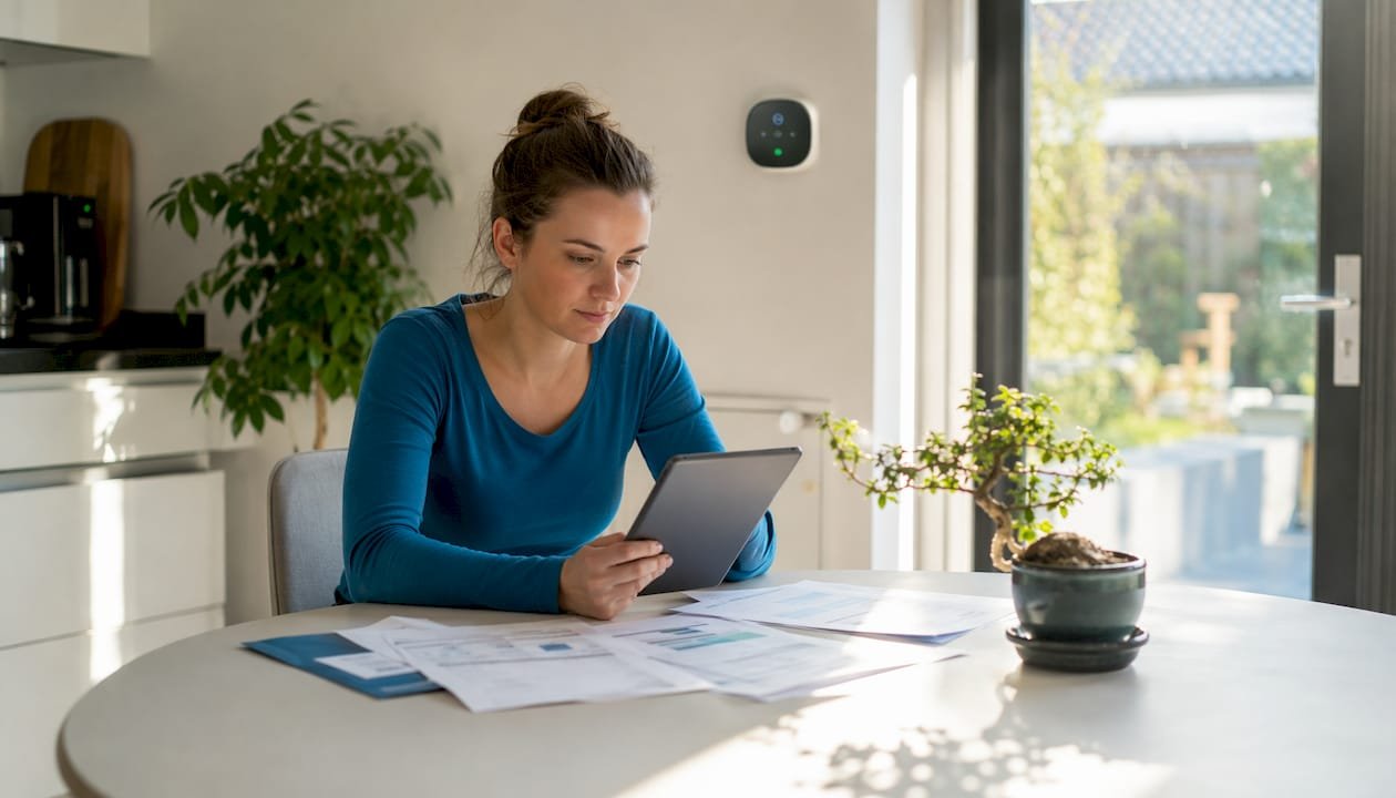Een vrouw bekijkt via haar tablet hoeveel stroom ze thuis verbruikt.