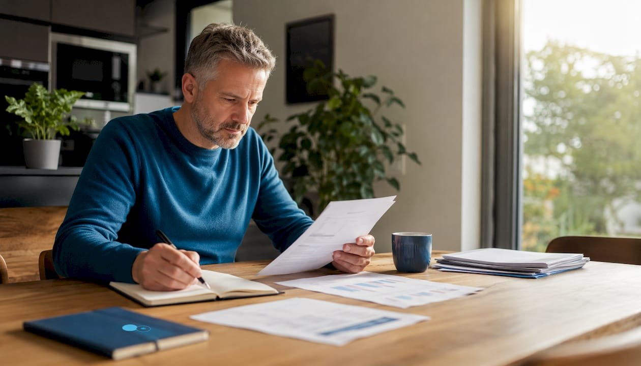 Een paar handen bekijken aandachtig de energierekeningen op het bureau.