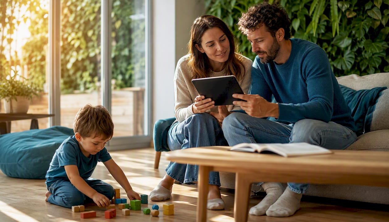 In de keuken bekijkt het gezin samen hun energieverbruik en houdt ze in de gaten hoeveel stroom er nog in de thuisbatterij zit.
