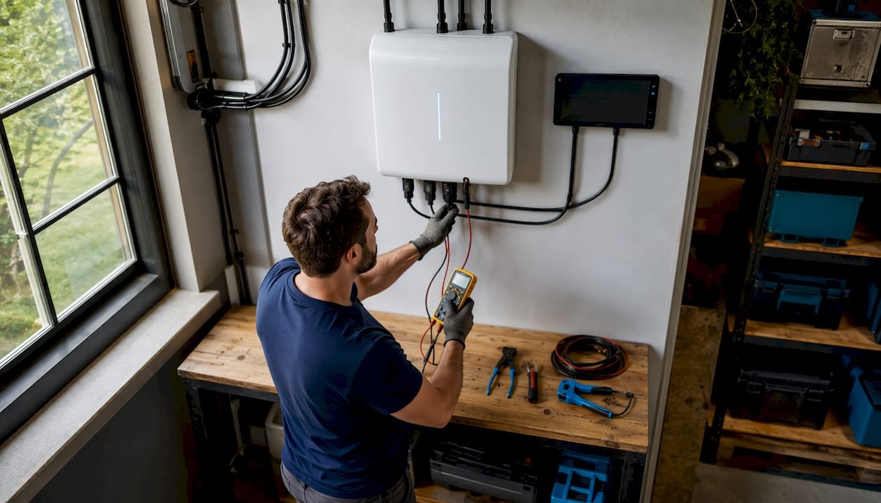 Een monteur controleert de installatie van de Neovolt thuisbatterij bij de klant thuis.