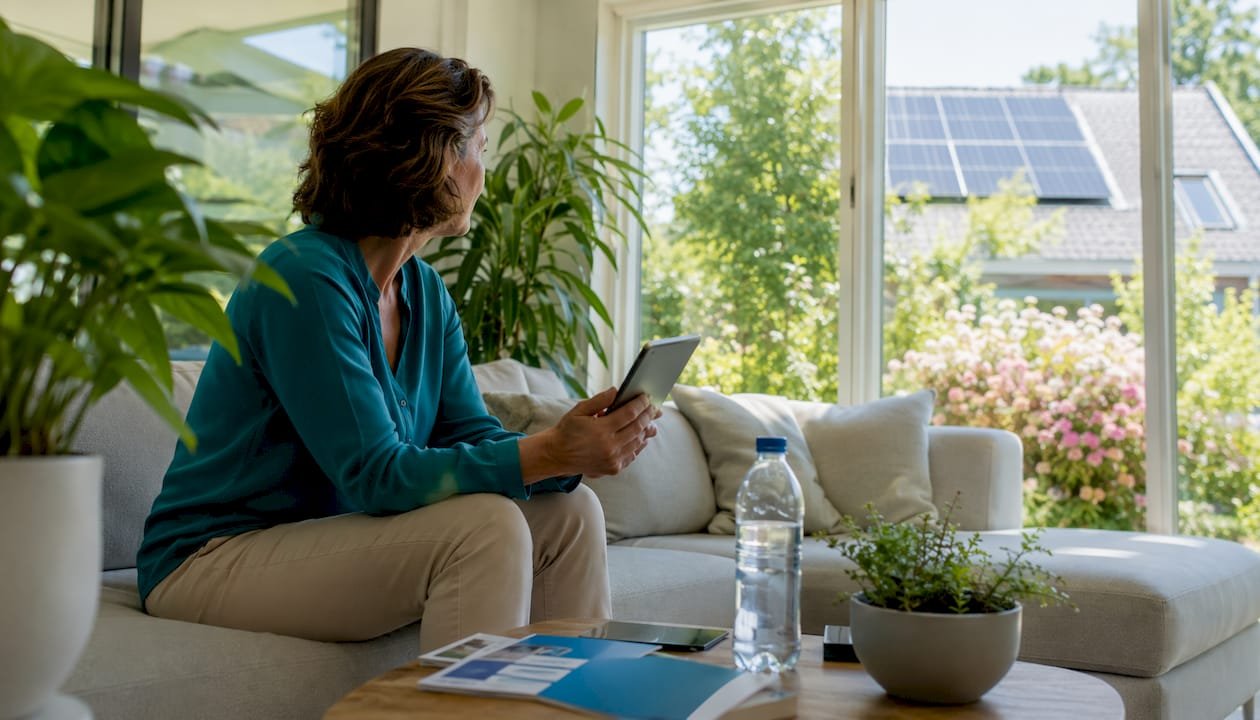 Vrouw houdt haar energieverbruik bij via de zonnepanelen
