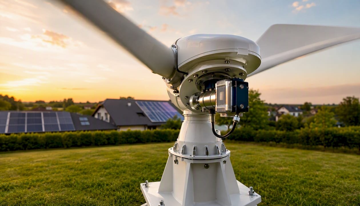 Detailopname van de rotor en generator van een compacte windturbine