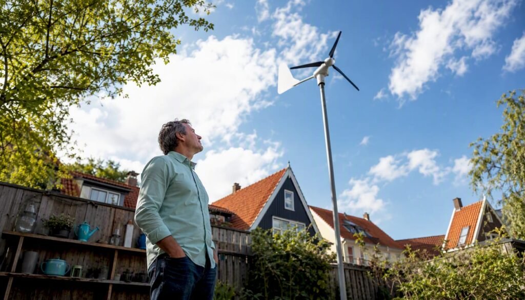 Een man staat in zijn achtertuin bij een kleine windmolen, midden in een woonwijk.