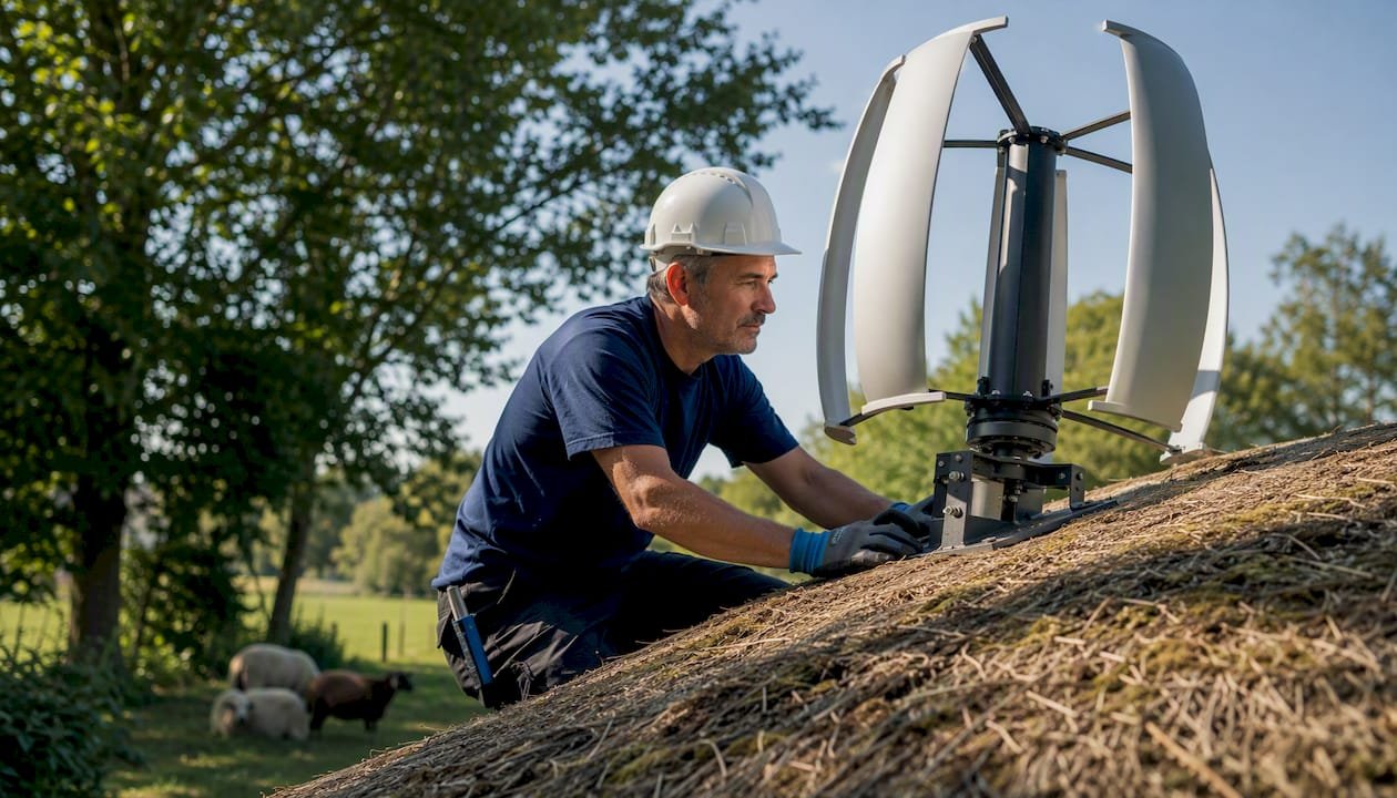 Monteur controleert installatie van windturbine op het dak