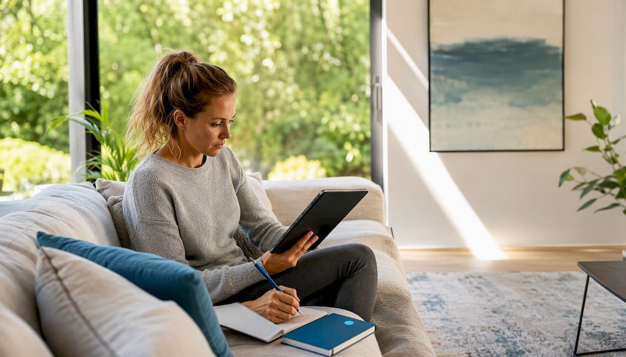 Vrouw zoekt uit welke accu ze nodig heeft voor haar thuiskantoor