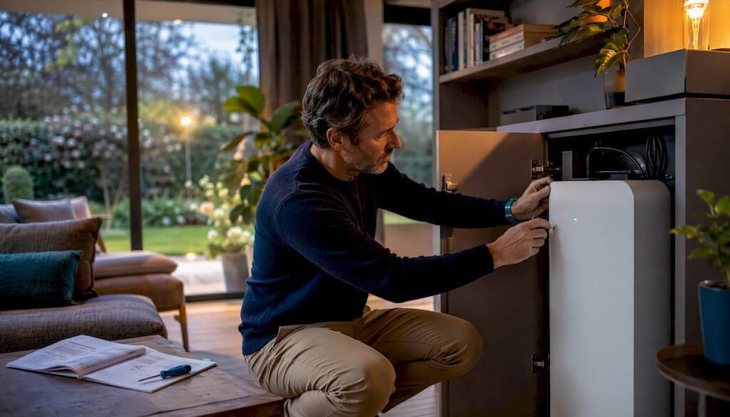 Man plaatst thuisaccu in open keuken