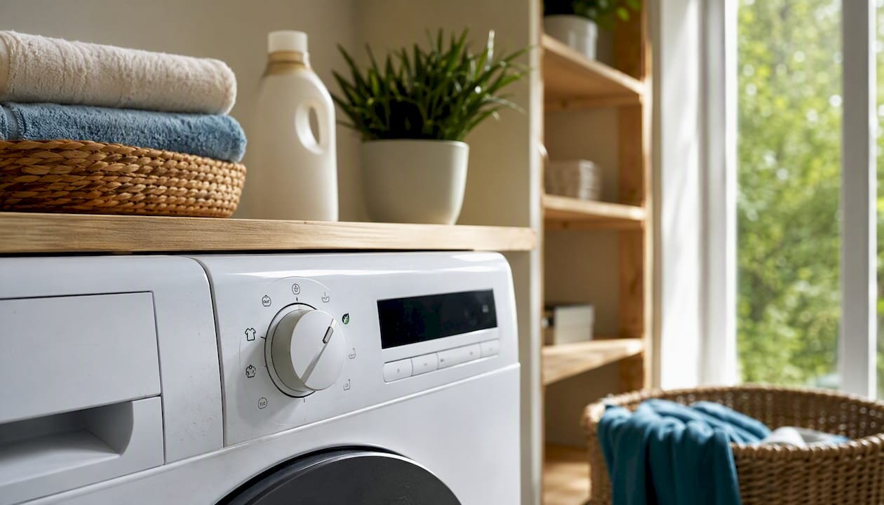 Detailopname van de draaiknop op de wasmachine, ingesteld op het eco-programma.