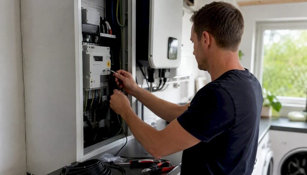 Handen die een P1-kabel aansluiten op een slimme meter