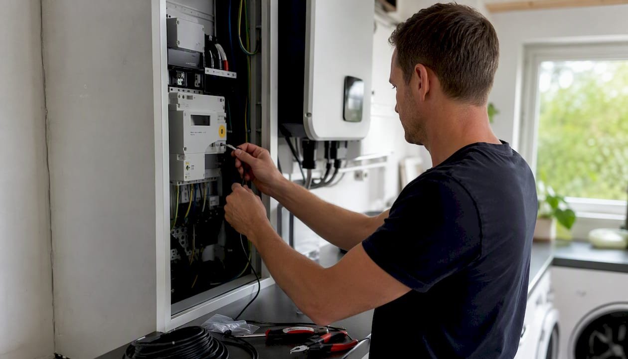 Handen die een P1-kabel aansluiten op een slimme meter