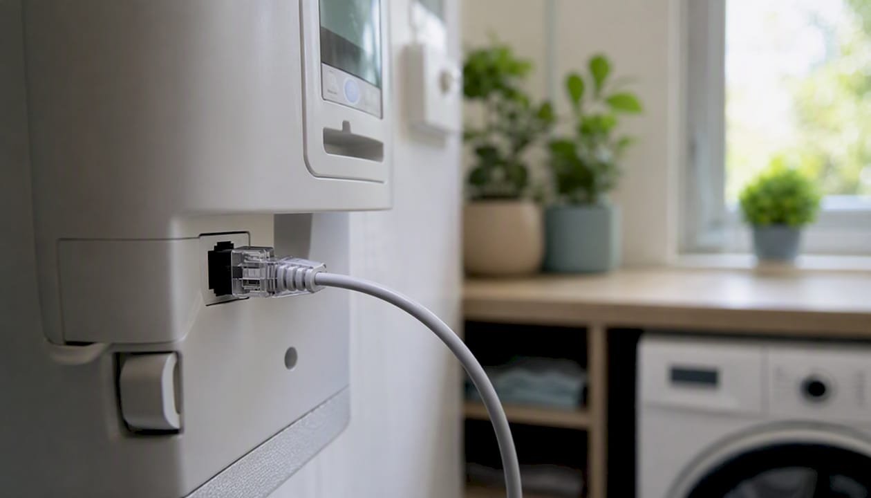 Detailopname van de P1-kabelaansluiting op de slimme meter