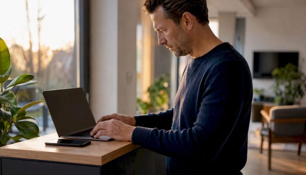 Iemand zit achter zijn computer een e-mail te typen aan de klantenservice over garantie.
