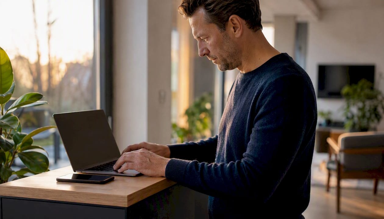 Iemand zit achter zijn computer een e-mail te typen aan de klantenservice over garantie.