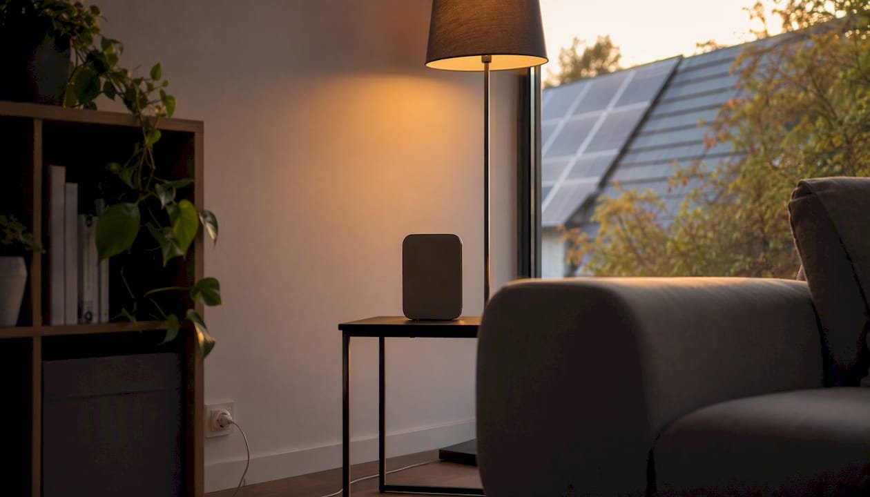 Woonkamer met een sfeervolle, slimme omgang met zonne-energie