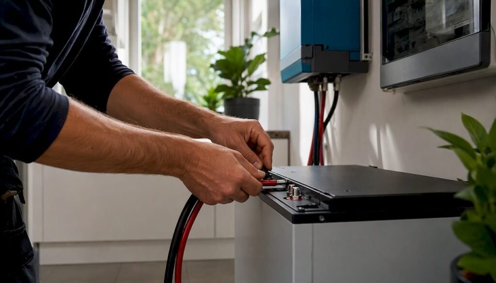 Handen die bedrading aansluiten op een thuisbatterij