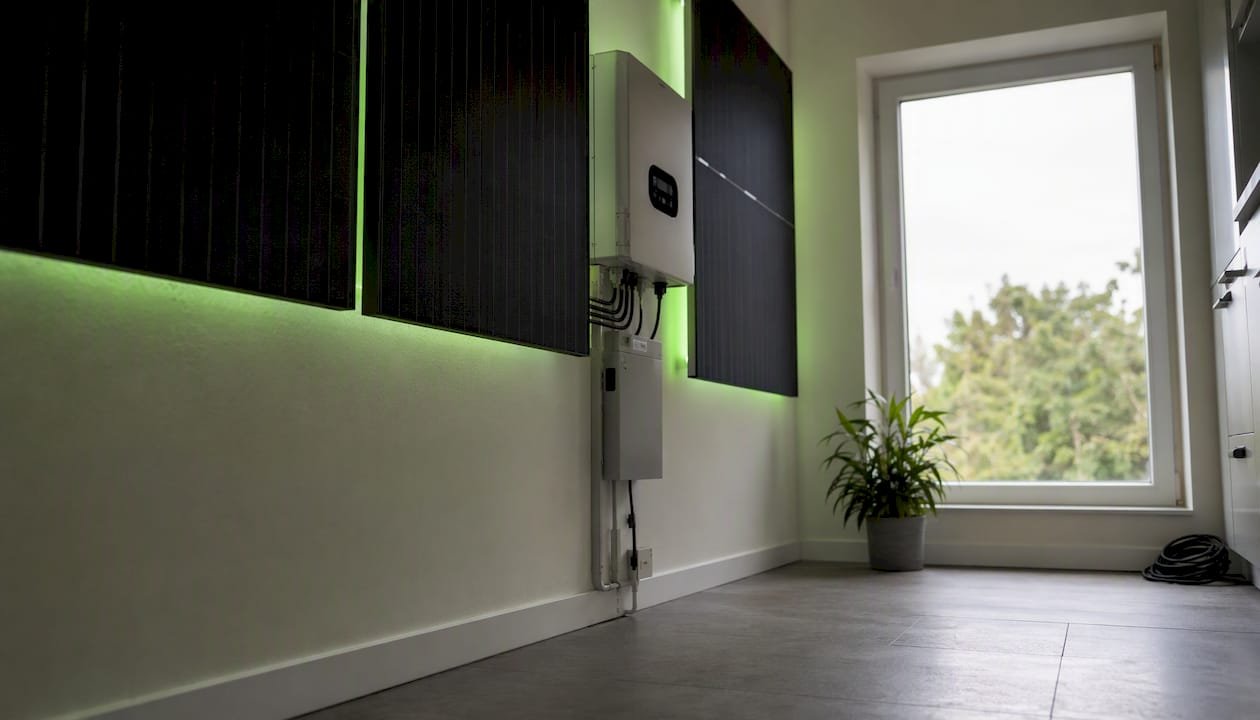 Detailopname van de randafwerking bij de installatie van een zonnebatterij in de bijkeuken.