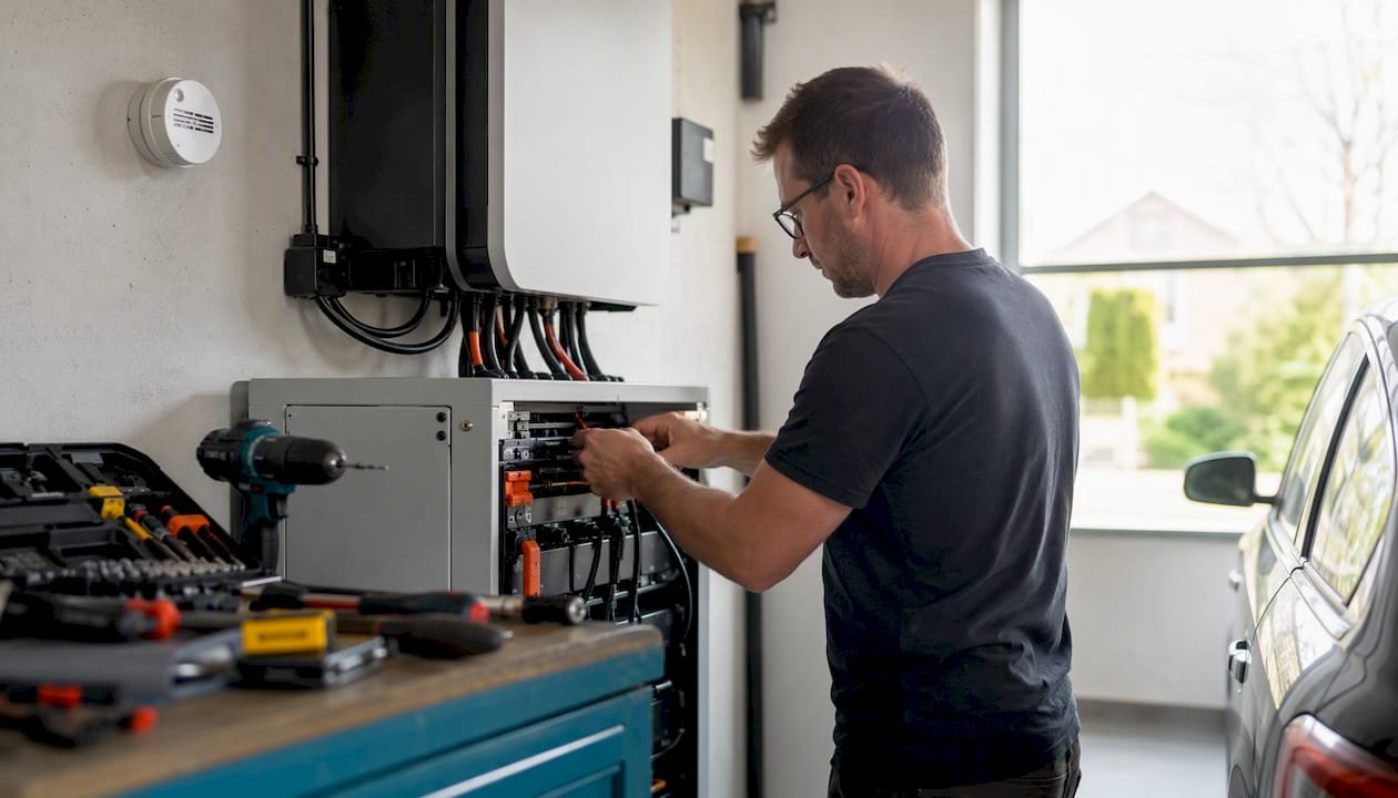 Een vakman plaatst op veilige wijze een thuisbatterij.