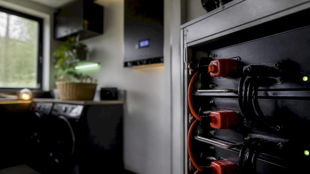 Detailopname van een thuisbatterij die wordt opgeladen