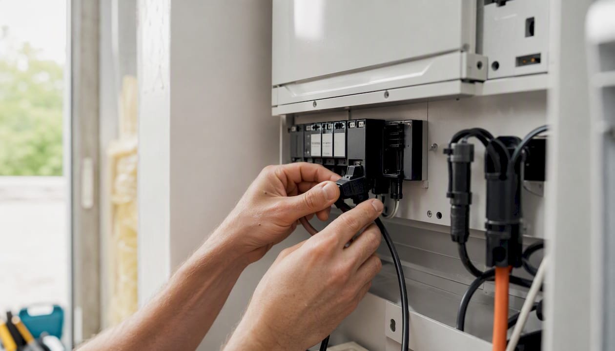 Een paar handen sluit een kabel aan op het energiemanagementsysteem.