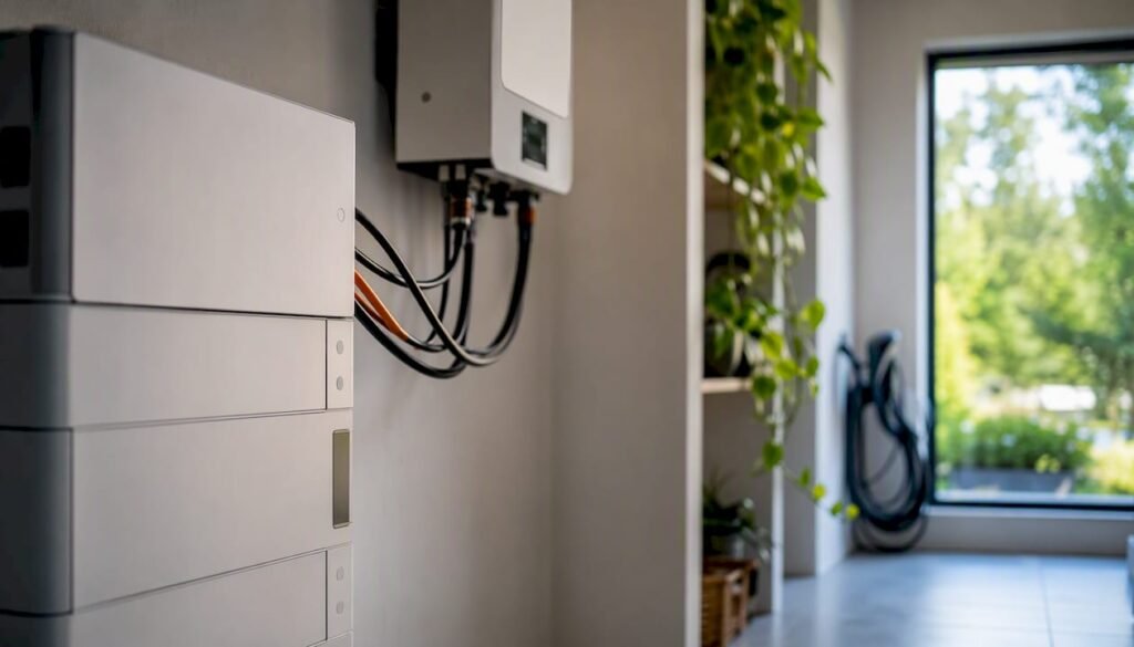 Gedeeltelijk silhouet van de bekabeling tussen thuisbatterij en omvormer