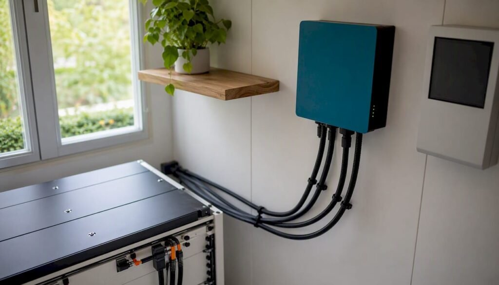 Technische ruimte in huis met een batterij en een energiebeheersysteem
