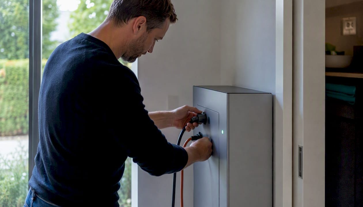 Een paar handen sluit de stekker van de thuisbatterij aan op het stopcontact.